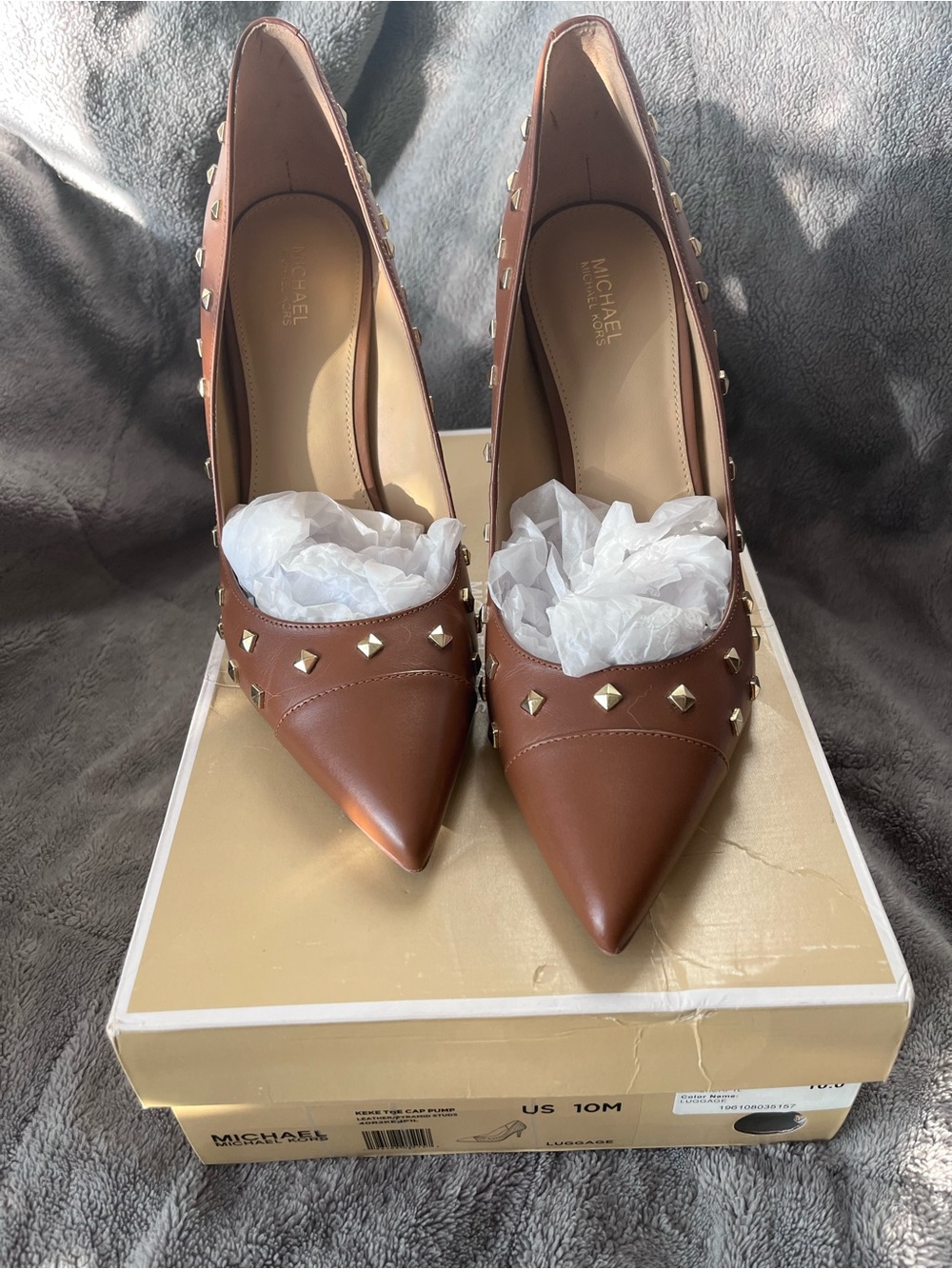 Michael Kors KEKE Toe Cap 4 inch Pointed Toe Studded Pumps in Luggage